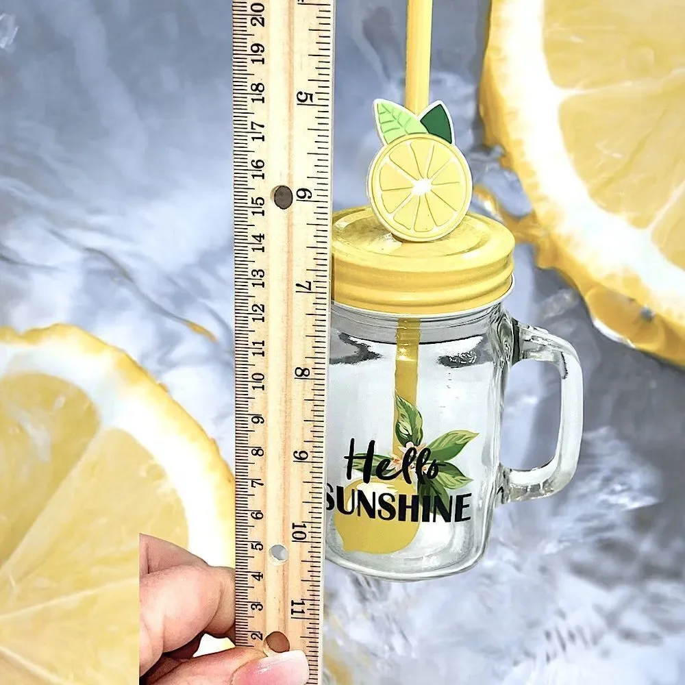 Hello Sunshine l 16 oz. l Mason Jar l w/ Decorative Lemon Straw l New
